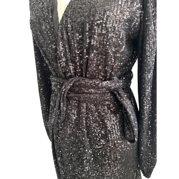 AUDREY 3 PLUS 1 Black Sequin Robe Wrap Dress Size Medium - Picture 2 of 10